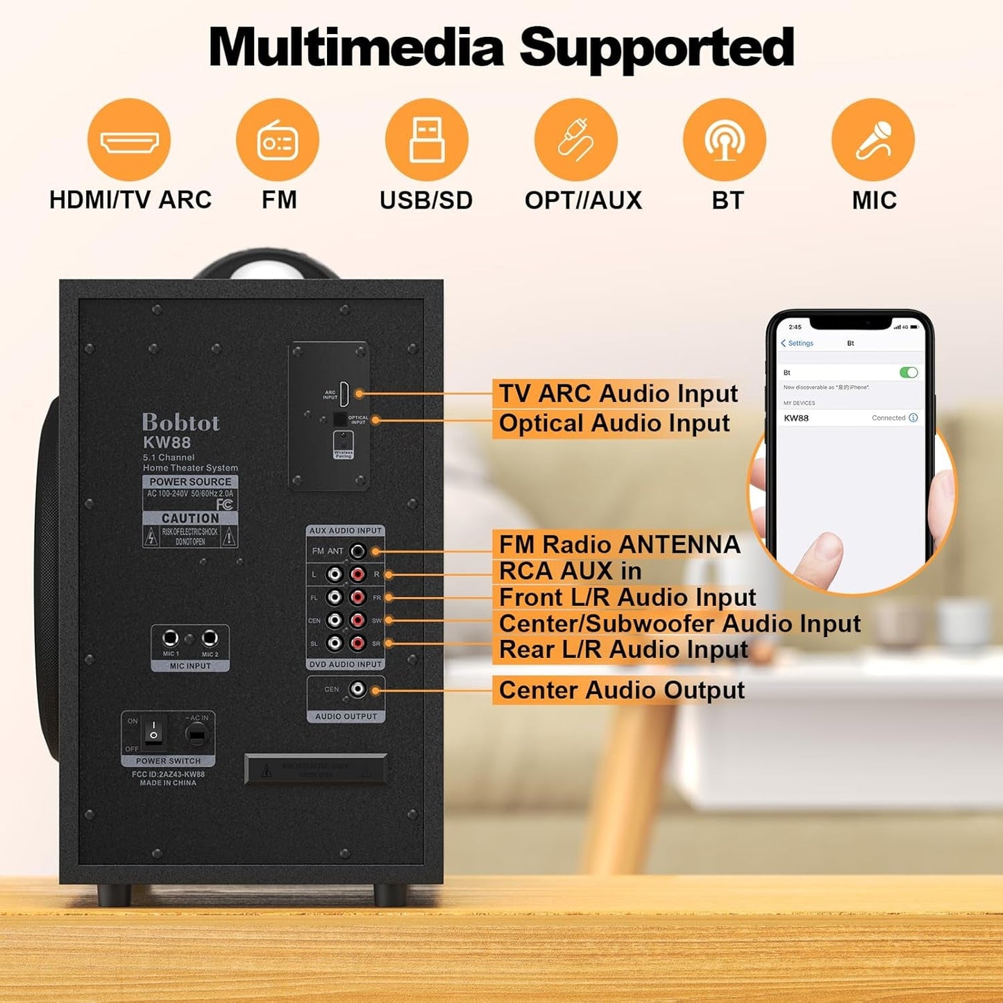 Wireless Surround Sound System Home Theater System, 1000W Surround Speakers 8" Subwoofer 5.1/2.1 Channel Deep Bass with HDMI ARC Optical Bluetooth Karaoke Input