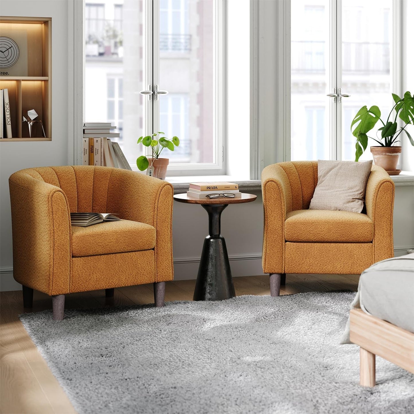 Accent Chair with Ottoman, Chenille Barrel Chair with Footstool, Modern Upholstered Armchair for Living Room Bedroom Waiting Room Office, Orange