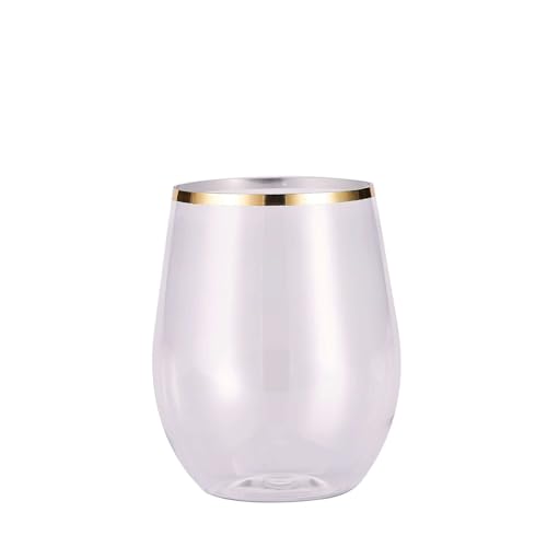 Efavormart 12 Pack - 14oz Clear Disposable Wine Glasses, Plastic Stemless Wine Tumbler with Gold Rim for Parties, Wedding...
