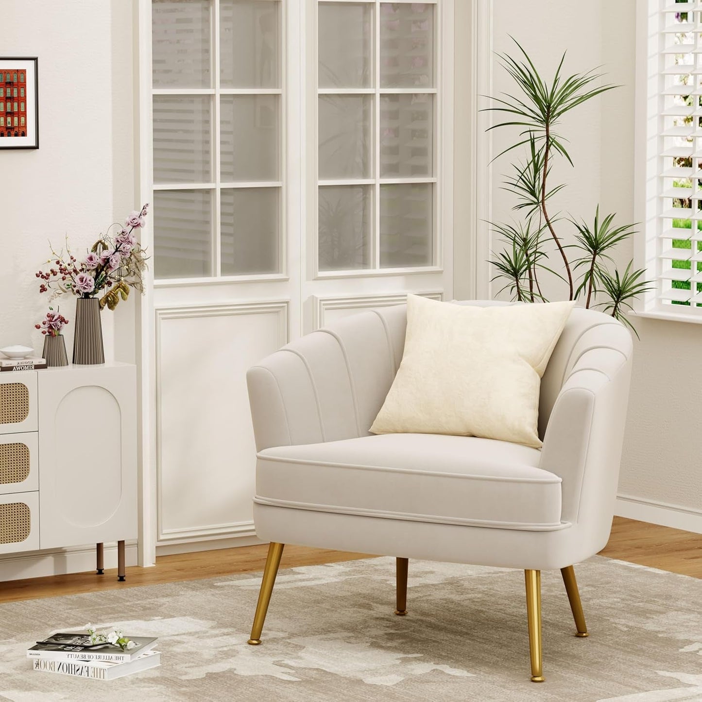 Velvet Accent Chair Set of 2, Upholstered Modern Single Sofa Side Chair,Comfy Barrel Club Living Room Armchair with Golden Metal Legs for Bedroom Living Reading Room Office, Beige