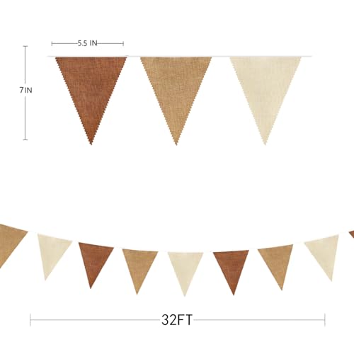 32Ft Brown Party Decorations Boho Pennant Banner Fabric Triangle Flag Linen Bunting Garland Streamers for Woodland Teddy B...