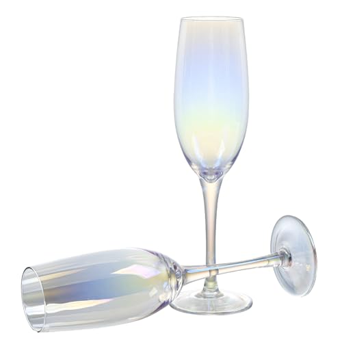 MyGift 7 oz Iridescent Stemmed Champagne Flute Glasses, Bubble Tone Rainbow Party Toasting Glasses, Set of 4