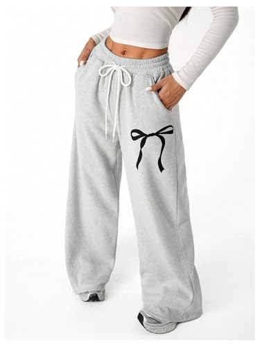 Verdusa Girl's Bowknot Baggy Sweatpants Lightweight Straight Leg Athletic Pants with Pockets