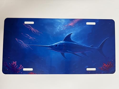 Ink Trendz Underwater Adventure Swordfish Fishing Art Vanity Plate, Man Cave Art, 6 x 12 inches Big game Fishing Neon Plates