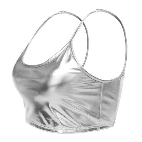 Vinaderhom Women's Metallic Crop Top Shiny Sleeveless Rave Bra Tops for Dancing Festival Costume