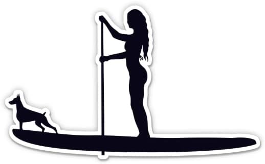 SUP Girl and Dog Sticker - 5" Laptop Sticker - Waterproof Vinyl for Car, Phone, Water Bottle - Stand Up Paddle Board Decal