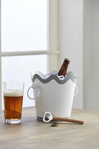 Mud Pie Scalloped Ice Bucket Set; bucket 7 1/2" x 7 1/2" dia | opener 6 1/2"