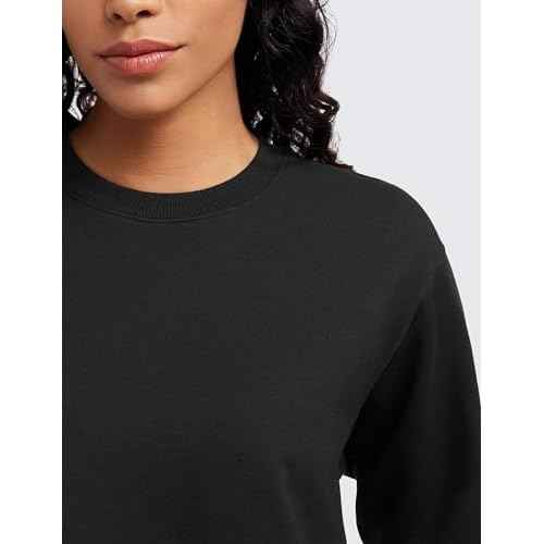 CRZ YOGA Womens Fleece Cropped Sweatshirts Crewneck Long Sleeve Double Raw Hem Workout Casual Pullover Tops