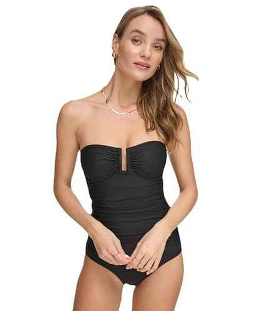 DKNY Women's U-Wire Bandeau One Piece Swimsuit with Tummy Control, Black, Medium