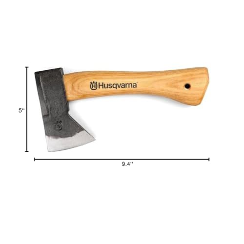 Husqvarna 9.4-Inch Hiking Hatchet, Camping Axe with Hickory Wood Handle and Forged Steel Axe Head, Includes Durable Leather Cover