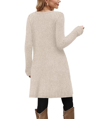 OFEEFAN Fall and Winter Tunic Dress with Pockets Long Sleeve Crew Neck Buttons Side