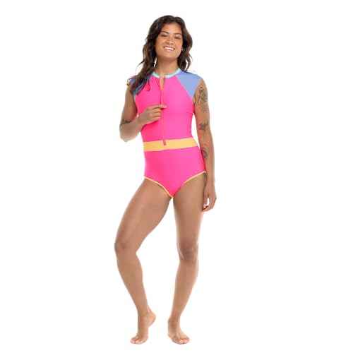 Body Glove Women's Standard Stand Up Zip Front Paddle One Piece Swimsuit with UPF 50+, Bubble Gum Colorblock