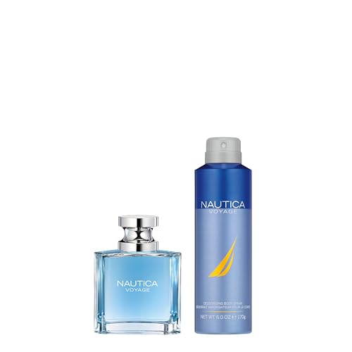 Nautica Voyage Giftset, 1.6 fl oz EDT + 6 oz Deodorizing Body Spray, Notes of Apple, Cedarwood, Mimosa, Men's Fragrance, Long Lasting, Everyday Fragrance