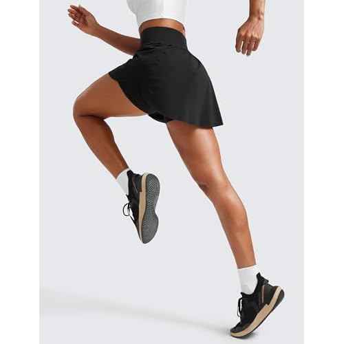 CRZ YOGA High Waisted Side Slit Tennis Skirts for Women - Mini Lined A Line Running Athletic Skort with Inner Pockets