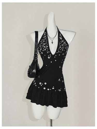 MakeMeChic Women's Halter Mini Dress Sparkly Ruffle Tiered Sleeveless Tie Back Fall Y2K Clothes Rave Outfit