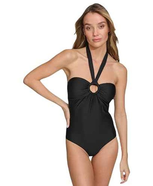 DKNY Women's Ring Halter Neck One Piece Swimsuit with Tummy Control, Black, Medium