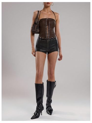 WDIRARA Women's PU Leather Lace Up Halter Top Vintage Western Sleeveless Backless Camisole Tops