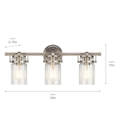 Kichler Brinley 24" Vanity Light in Brushed Nickel, 3-Light Farmhouse Bathroom Vanity Light with Clear Glass, (24" W x 10" H), 45689NI