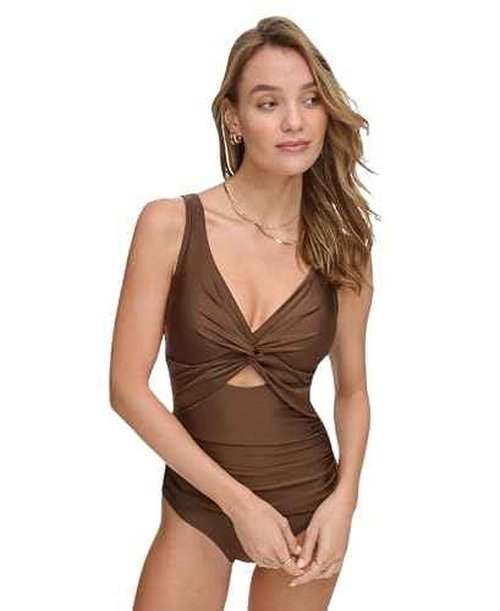 DKNY Women's Twist Front Keyhole One Piece Swimsuit, Mocha Shimmer, X-Small