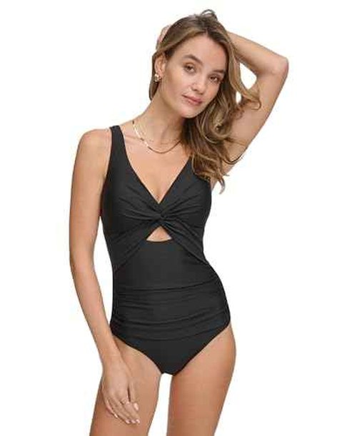 DKNY Women's Twist Front Keyhole One Piece Swimsuit, Black, Large