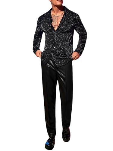 Verdusa Men's Glitter Shirts Long Sleeve Collar Button Down Party Shirt Top