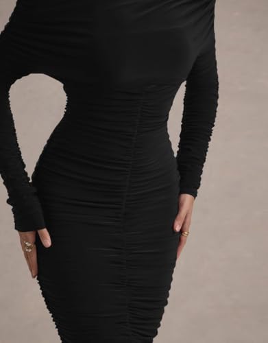 LAGSHIAN Women's Elegant Bodycon Long Sleeve Midi Dress Fall Off The Shoulder Ruched Cocktail Party Dresses