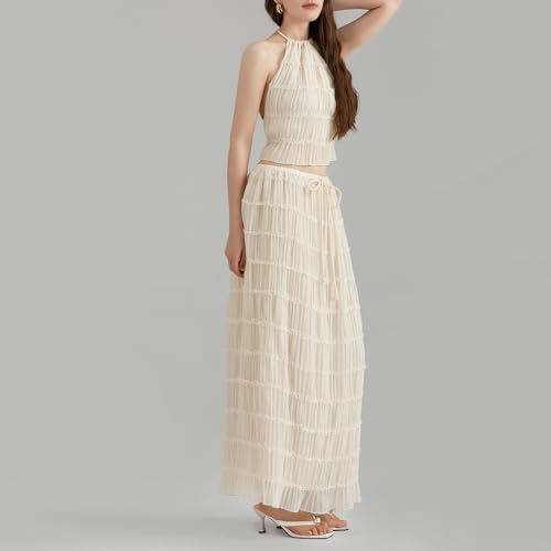 Argeousgor 2 Piece Maxi Skirt Set for Women Lace Up Back Tank Tops Tie Up High Waist Long Skirt Set