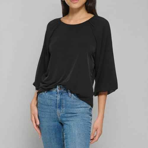 Calvin Klein Womens Loose Fitted Matte Jersey Mixed Media Lantern Sleeve Blouse