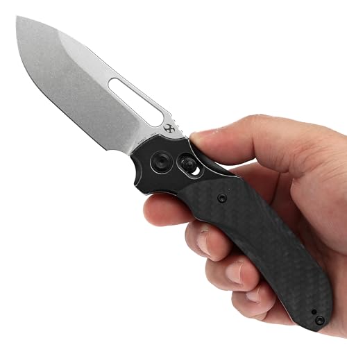 Kansept Quasar Pocket Knife, 3.38''Stonewashed Cpm 20cv Sharp Steel Blade, Titanium and Twill Carbonfiber Handle, Cross Ba...