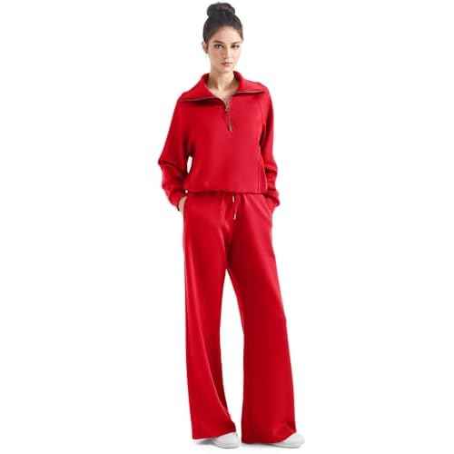 SUUKSESS Women 2 Piece Lounge Matching Set Wide Leg Sweatpant Half Zip Sweatshirt