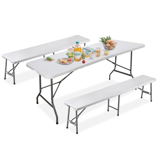 SUPER DEAL Folding Table Set with 2 Benches, 6 FT Camping Picnic Table Set, Outdoor Indoor Portable Furniture for Working ...