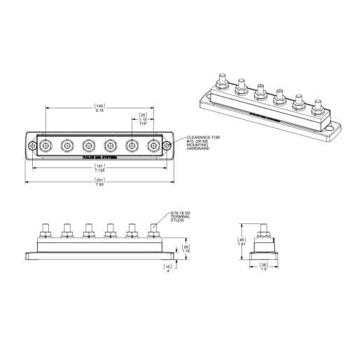 Blue Sea Systems 2126 250 Amp MaxiBus BusBar with 6 studs, 2126