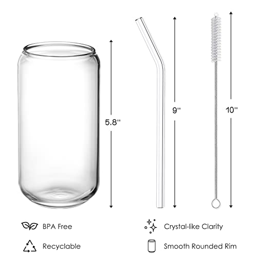 NETANY Drinking Glasses with Glass Straw 4pcs Set - 16oz Highball Glass Cups, Beer Glasses, Iced Coffee Glasses, Cute Tumb...