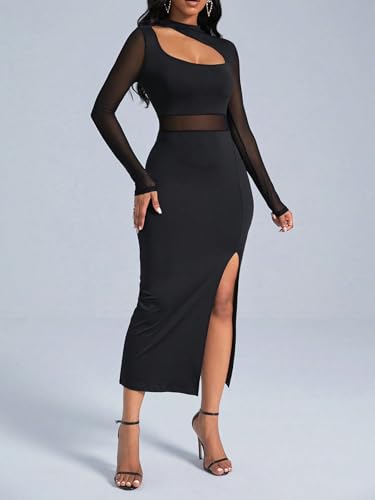 Milumia Women's Cut Out Mock Neck Mesh Dress Slit Hem Long Sleeve Bodycon Maxi Dresses
