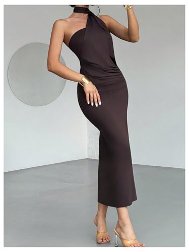 SOLY HUX Women's Sleeveless Bodycon Dress One Shoulder Backless Ruched Cocktail Party Evening Long Dresses
