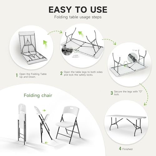Ortus Collective 6FT Folding Table Set with 6 Folding Chairs, Heavy Duty 330 lbs Table & 600 lbs Chairs, Portable Folding ...