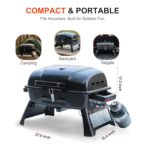 BrandMan Portable Propane Gas Grill, 1-Burner Tabletop Compact BBQ Grill with Folding Legs and Lockable Lid for Camping, T...