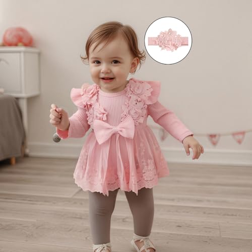 Baby Girl Romper Dress Lace Flowers Baby Dress Romper Infant Fall Winter Festival Clothes with Bow Headband