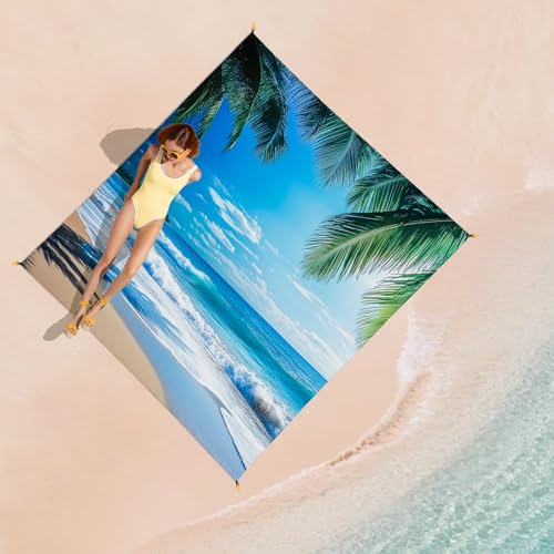 Beach Blanket Waterproof Sandproof, Palm Tree Oversized Extra Large Picnic Mat 83"×95"/8 × 7 FT for 1-7 Adults for Travel ...