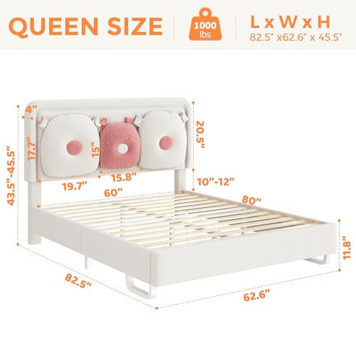 Bed Frame Queen with Boucle Upholstered Headboard, Girls Bed, Solid Wood Slats Support, Fully Upholstered Mattress Foundation/No Box Spring Needed/Easy Assembly, White Bed Frame Queen