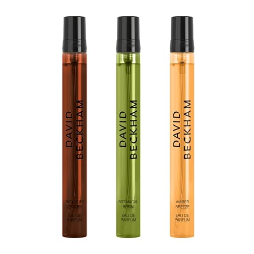 David Beckham 3 Piece Discovery Giftset - Exquisite Leather, Botanical Resin, Amber Breeze 0.33 fl oz Pen Sprays, Men's Fragrance, Long Lasting, Sporty Fragrance, Travel Size