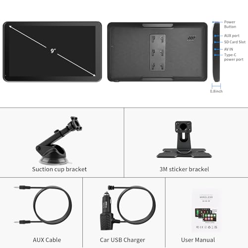 CarPlay Screen for Car, 9'' Wireless CarPlay & Android Auto - Smart Portable Touchscreen with Bluetooth/FM, Mirror Link, V...