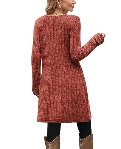 OFEEFAN Fall and Winter Tunic Dress with Pockets Long Sleeve Crew Neck Buttons Side