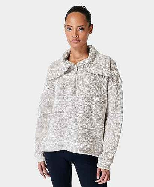 Sweaty Betty Women's Restful Boucle Textured Half Zip Pullover Sweatshirt Pull Over, Light/Pastel Grey, X-Large