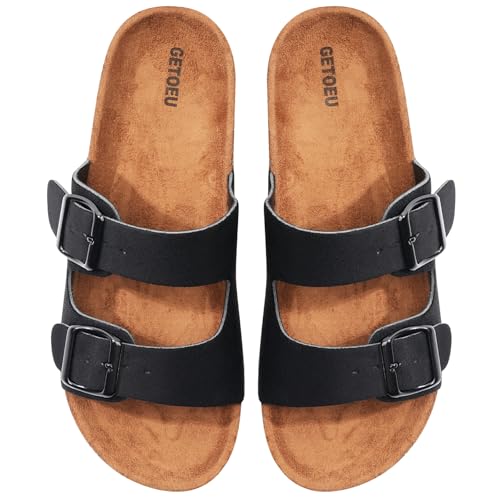 GETOEU Women Cork Sandals Adjustable Buckle Strap Cork Footbed Sandal Arch Support Casual Slip‑On Outdoor Slide Sandals