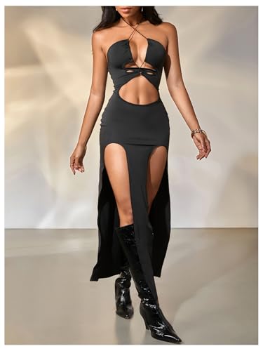 Milumia Women's Gothic Grunge Dress Hollow Out Halter High Slit Bodycon Dresses Festival Rave
