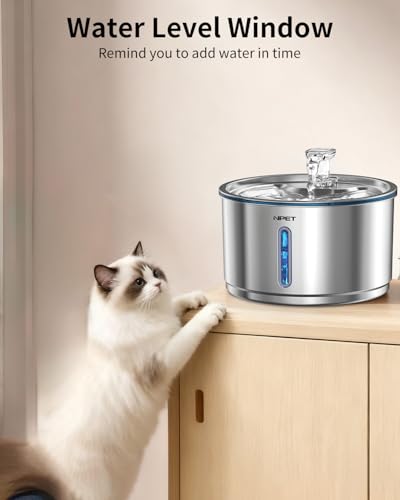 NPET Stainless Steel Cat Water Fountain, 1Gallon/135oz Automatic Pet Drinking Fountain Dog Water Dispenser with 4 Replacem...