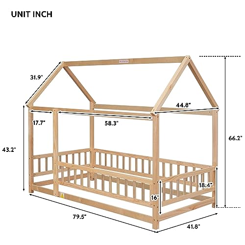 Bellemave Twin Size House Floor Bed Frame,Wooden Montessori Floor Bed with Fence for Kids,Twin Size Kids Bed,Natural