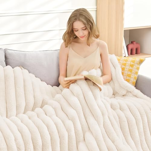 VFROO Faux Fur Throw Blanket for Couch,Cozy Soft Plush Thick Striped Luxury Blanket for Sofa Living Room Bedroom,50 * 60 I...