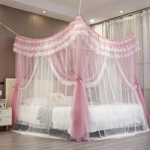 NXGIO Bed Canopy Curtain Double Layer 4 Corners Post Lace Up Ruffle Princess Drape Netting 4 Opening Mosquito Net for Girl...